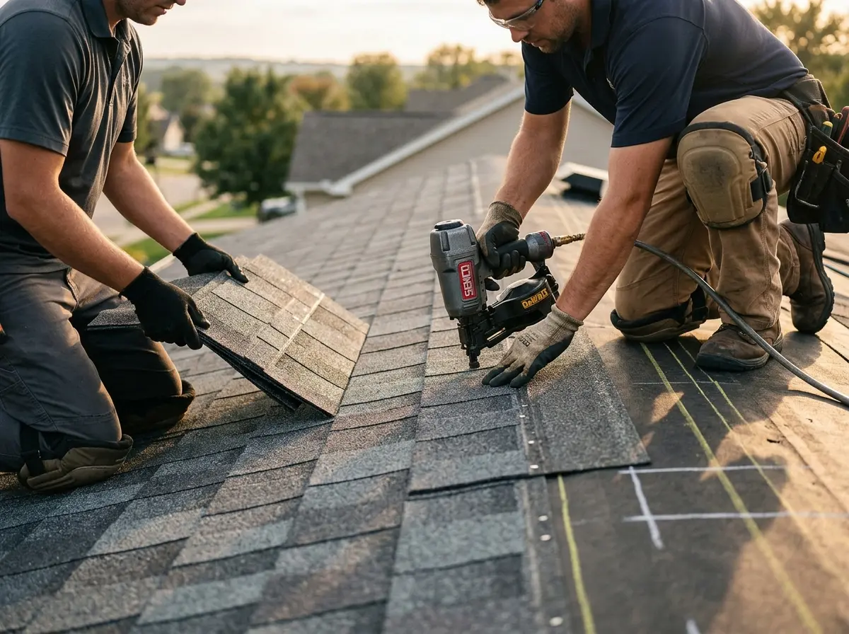 Professional roofer working on a residential roof in Noble